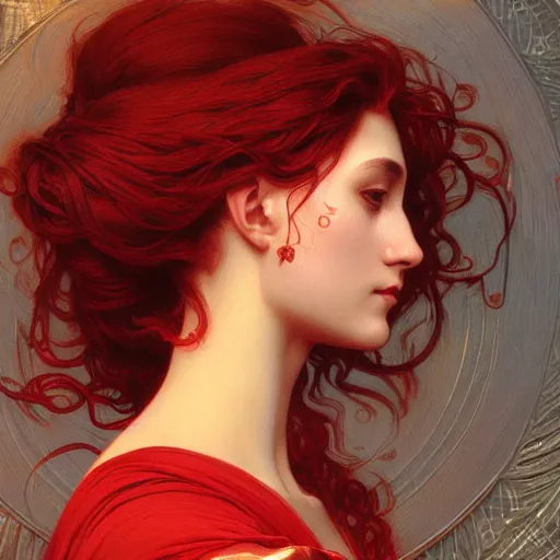 Image similar to portrait of red goddess, intricate, elegant, highly detailed, digital painting, artstation, concept art, smooth, sharp focus, illustration, art by artgerm and greg rutkowski and alphonse mucha and william - adolphe bouguereau