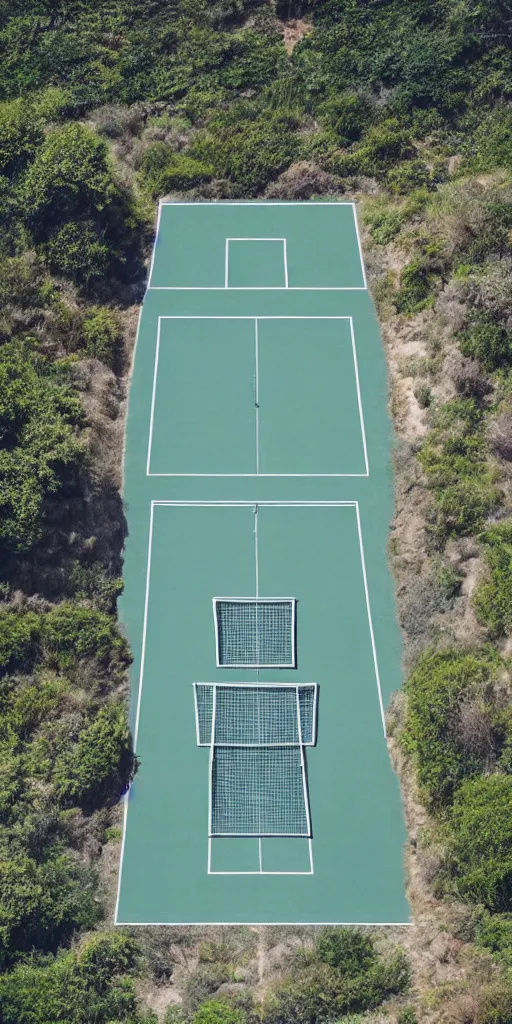 Image similar to Tennis court between mountains and sea. the style of National Geographic magazine