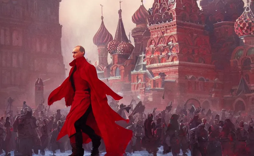 Prompt: Putin in Red Square full of blood, fantasy, intricate, highly detailed, digital painting, artstation, concept art, smooth, sharp focus, illustration, art by artgerm and greg rutkowski and alphonse mucha