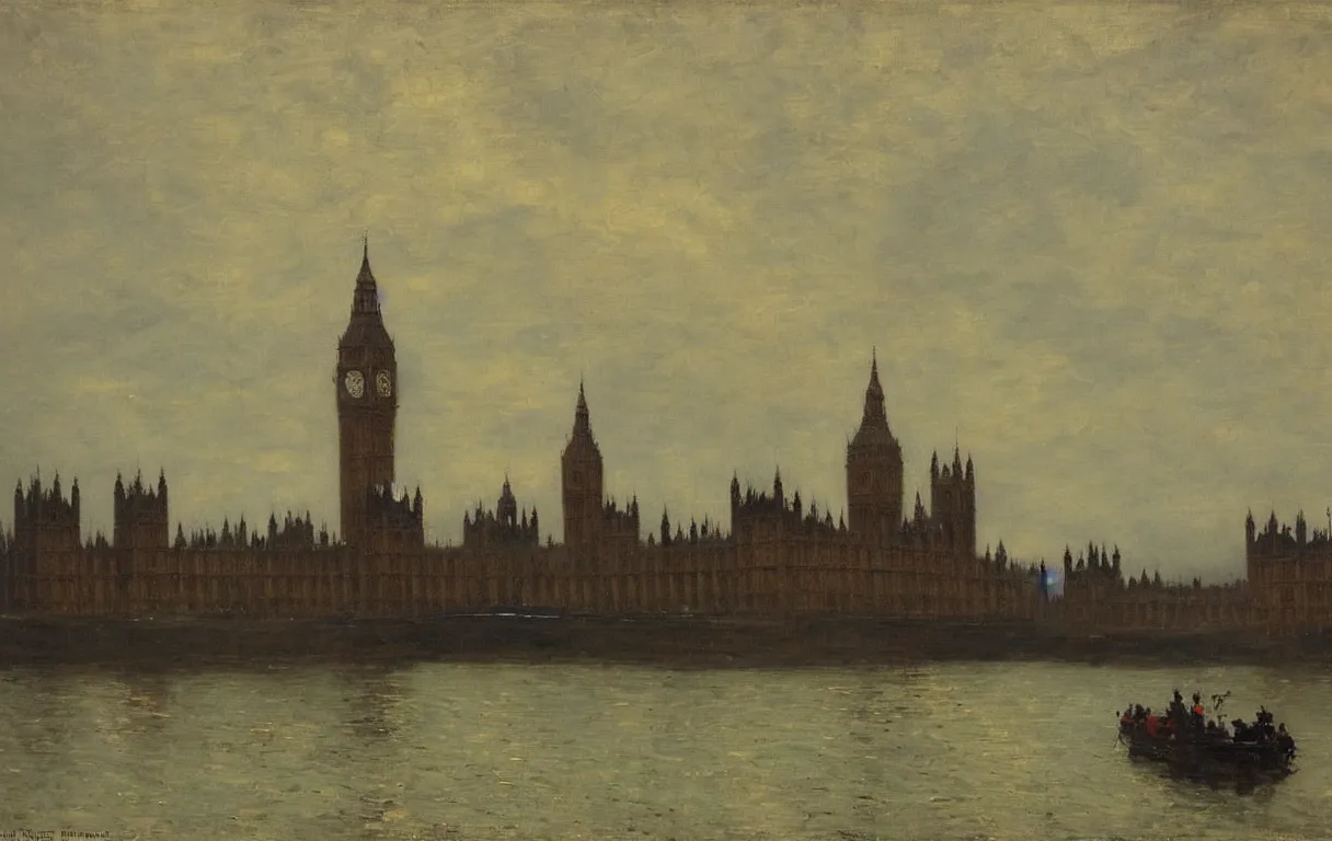 Image similar to the houses of parliament with a gloomy day's weather, 1885, highly detailed oil on canvas, by Ilya Repin