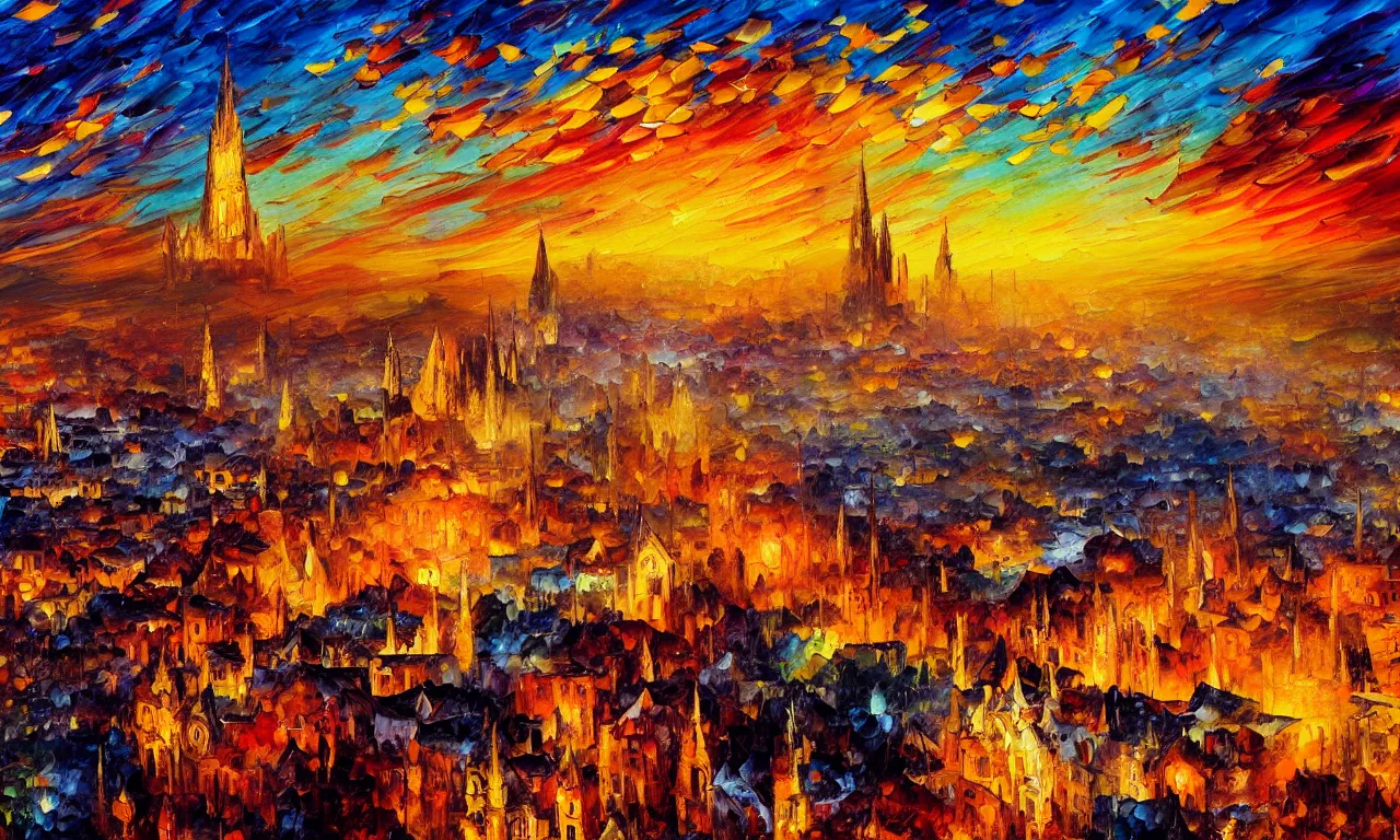 Prompt: breathtaking oil painting of a fiery landscape aerial view, palette knife, at dawn with strokes of light and golden petals flying, art nouveau golden cathedral in the distance, rembrandt style, concept art, matte, sharp focus, by georgia hart and leonid afremov,