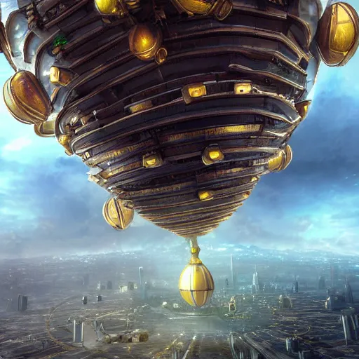 Image similar to enormous flying city in a faberge egg, sky, steampunk, fantasy art, masterpiece, hugh ferriss, octane render