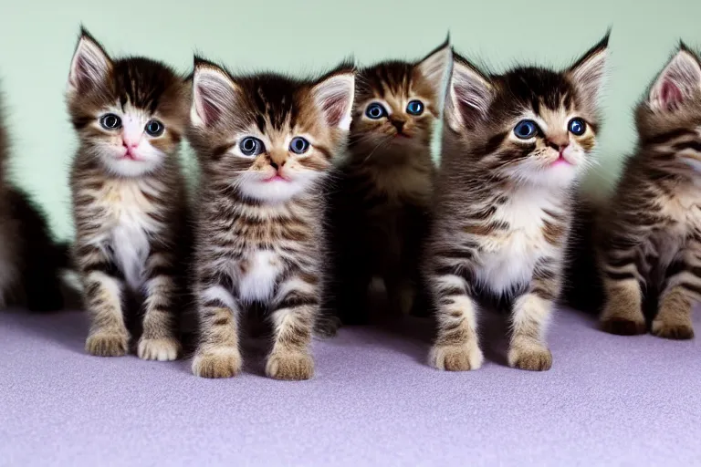 Prompt: exactly five kittens in a room and the kittens are looking directly into the focal point of the camera