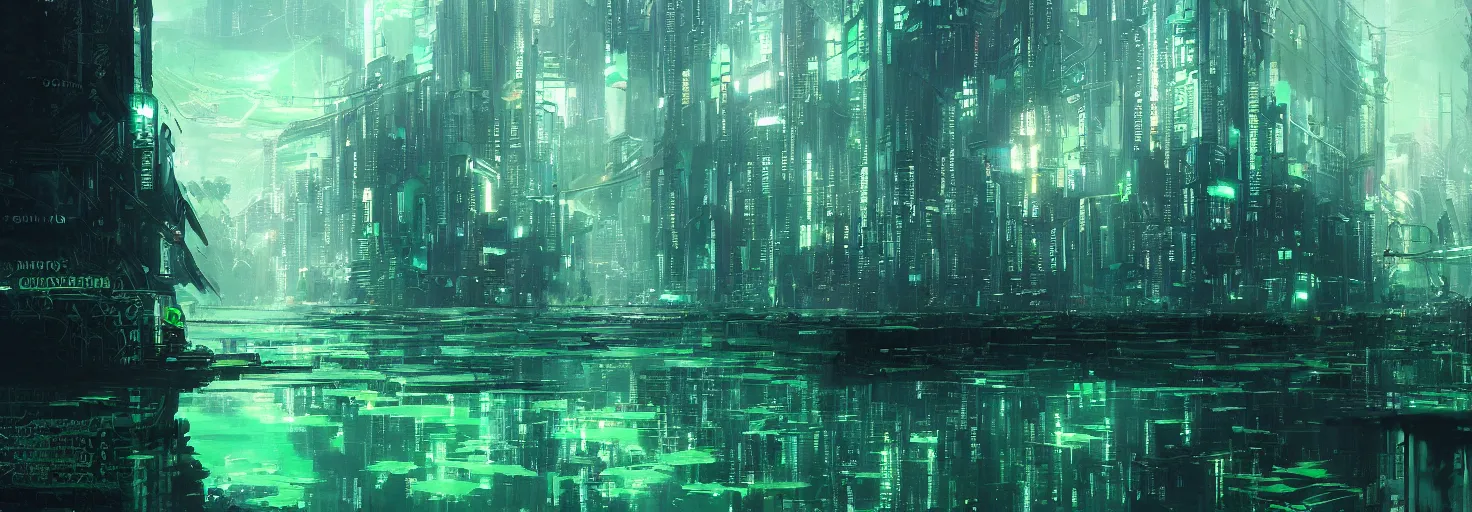 Image similar to reflective waves, cyberpunk texture, green coloring, by studio ghibli and greg rutkowski