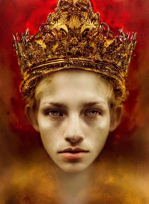 Image similar to 'Portrait of Crowned King Arthur' by Lee Jeffries royally decorated, whirling plasma, atmospheric motes, red and gold Sumptuous garb, gilt silk fabric, radiant colors, fantasy, perfect lighting, studio lit, micro details,