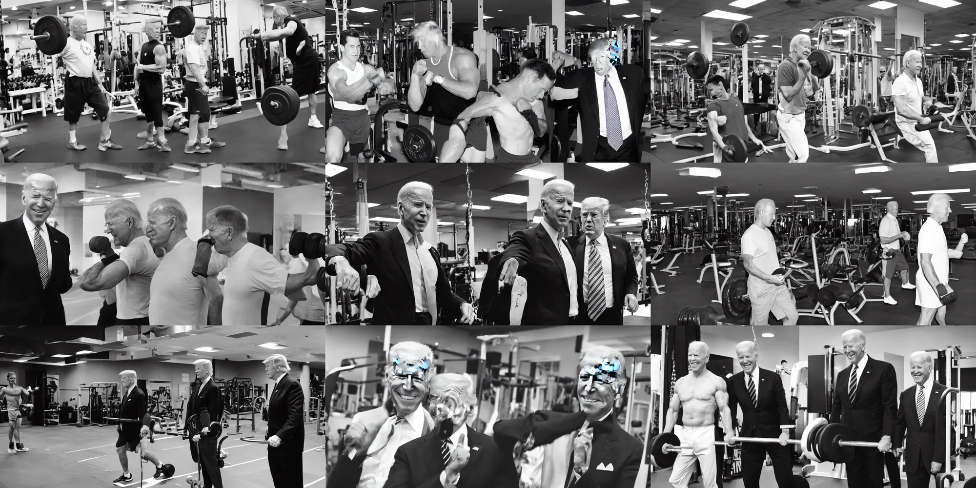 Prompt: joe biden and trump at the gym working out competition cinestill 8 0 0 t, movie still, film grain