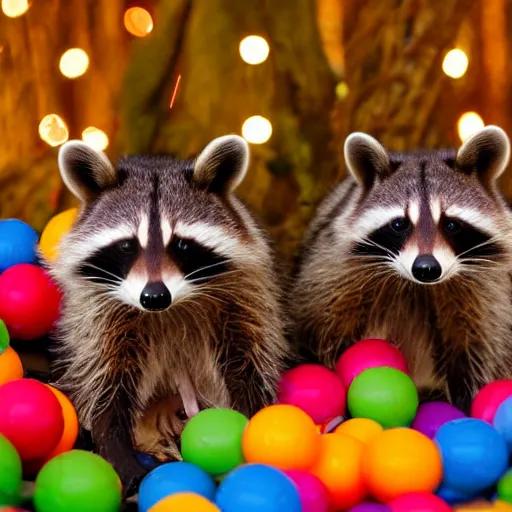 Prompt: raccoons in a ball pit in a forest at night with fairy lights