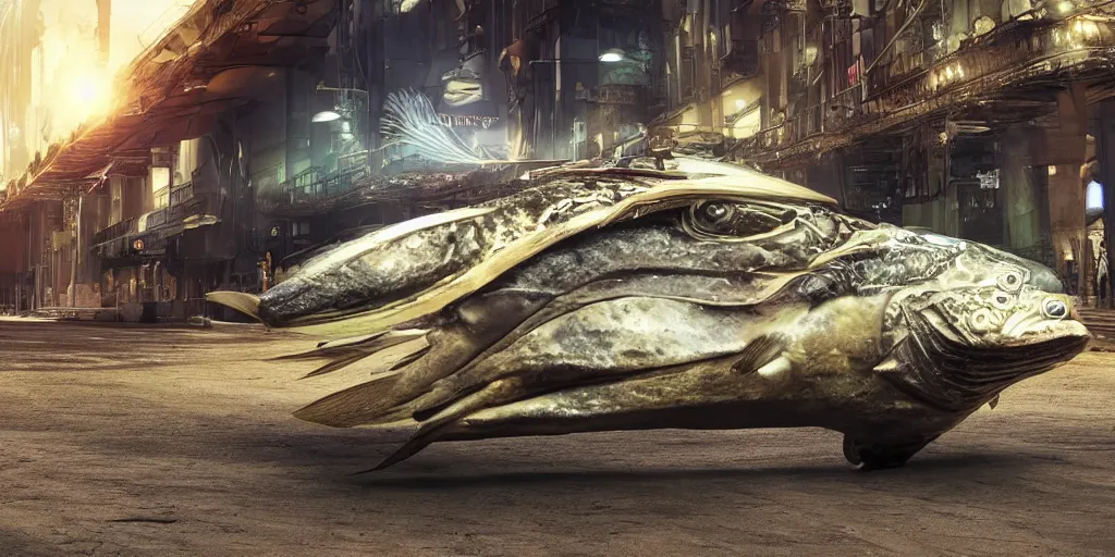 Prompt: low - angle medium shot of an steampunk tetrapod trigger fish from the future on its first day of driver's ed learning to parallel park. 8 k, 4 k, hq, 3 d render, digital art, dramatic lighting, comedy, science fiction, hyper realistic, ultra detailed. style of arrival, fifth element.