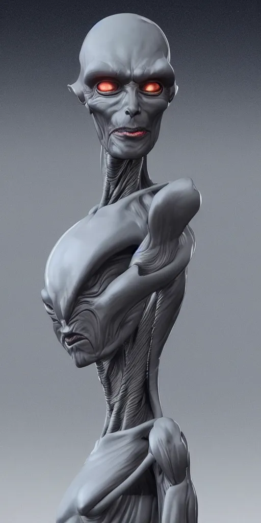 Image similar to Tall grey alien creature, dramatic lighting, very detailed, electrical details, high details, 4k, 8k, trending on artstation, by Hajime Sorayama and Paolo Eleuteri Serpieri