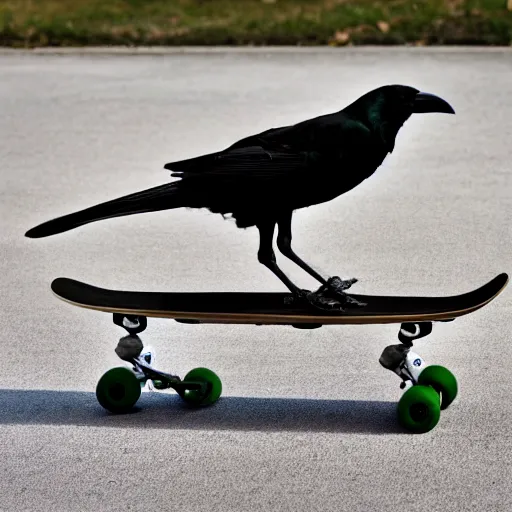 Image similar to a photo of a crow riding a skateboard