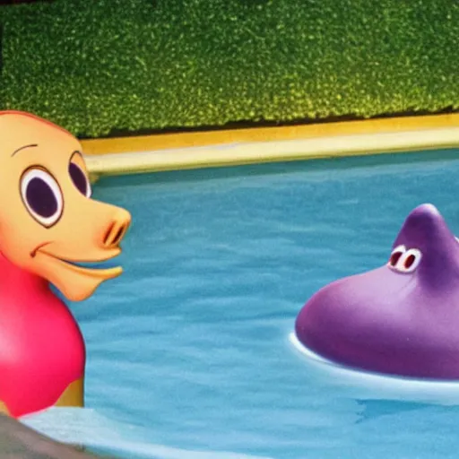 Image similar to a female anthropomorphic nostril in a swimming pool, children's television show, 1974, technicolor