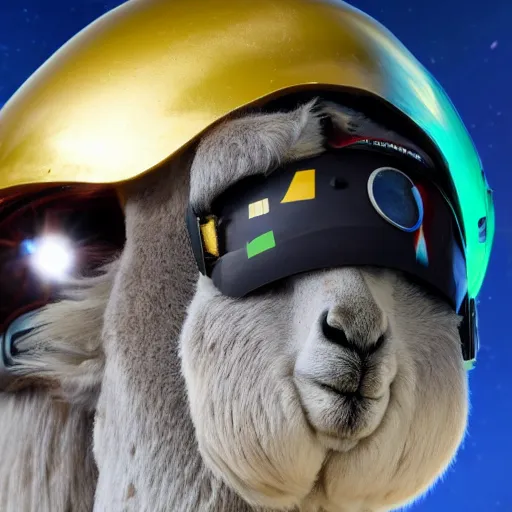 Image similar to a lama in a helmet is flying in space, 4k image.