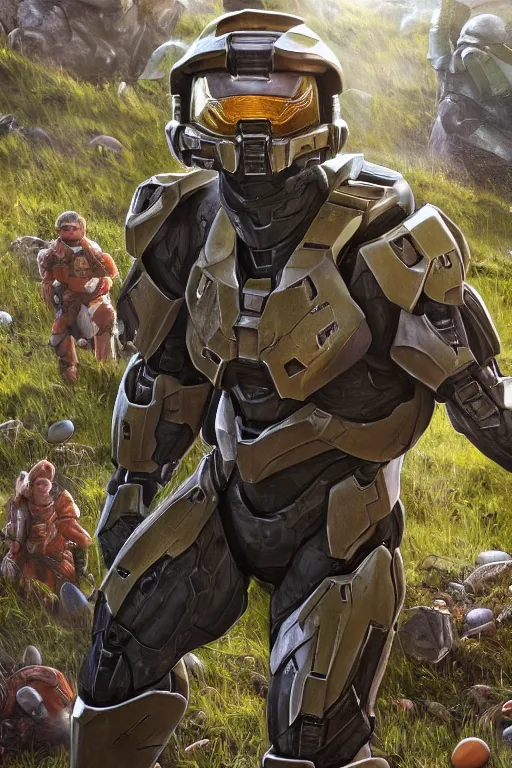 Image similar to easter egg hunt with master chief from halo and kids, picking up easter eggs, egg in hand, oil on canvas, intricate, portrait, 8 k highly professionally detailed, hdr, cgsociety