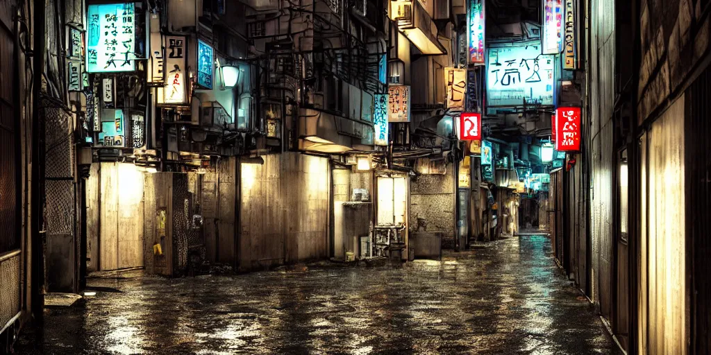 Prompt: quiet tokyo alley at night, raining, dim volumetric lighting, 8 k octane render, hdr, postprocessing, hyperdetailed, intricate, epic composition, cinematic lighting, masterpiece, street photography