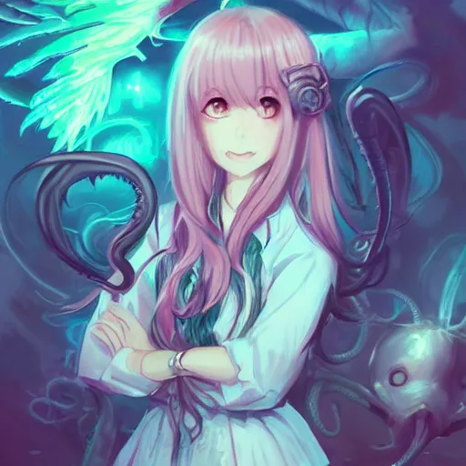 Image similar to portrait of the cthulhu but as a cute anime girl, by rossdraws, wlop