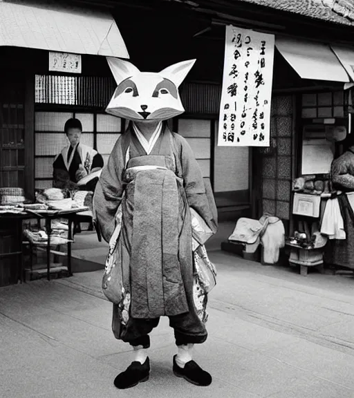 Image similar to 1 8 th century japanese street market in kyoto 1 9 0 0 s photography photo portrait anthro anthropomorphic fox head animal person fursona wearing clothes street trader