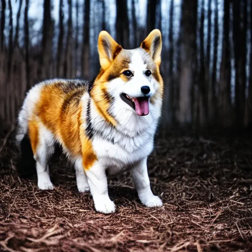 Image similar to A direwolf and corgi mixed dog, photography