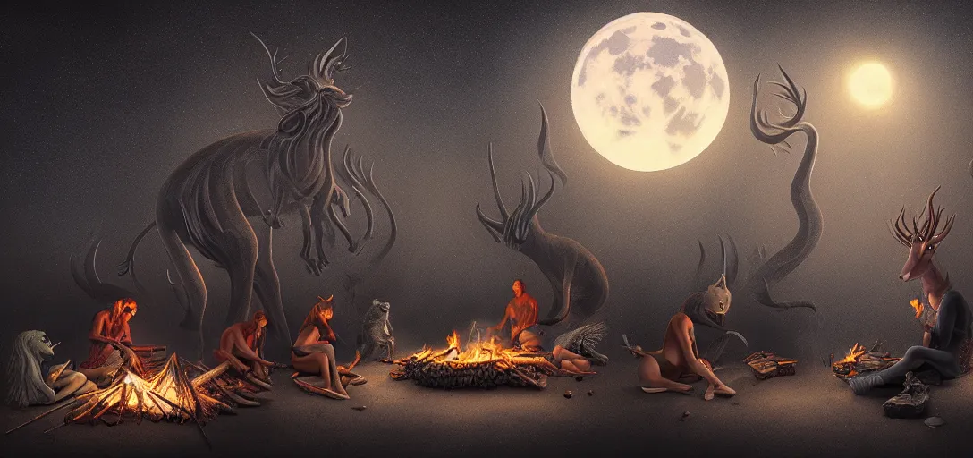 Image similar to strange mythical beasts of sitting around a fire under a full moon, surreal dark uncanny painting by ronny khalil