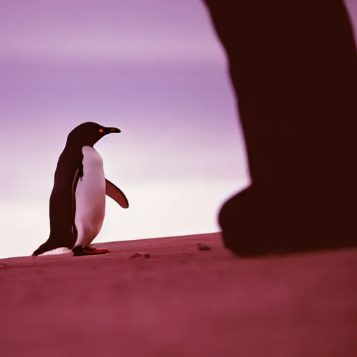 Image similar to Penguin finding the meaning of life, dramatic lighting, cinematic shot, dust, 4k