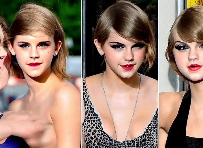 Image similar to emma watson and taylor swift and selena gomez swim together. perfect faces.