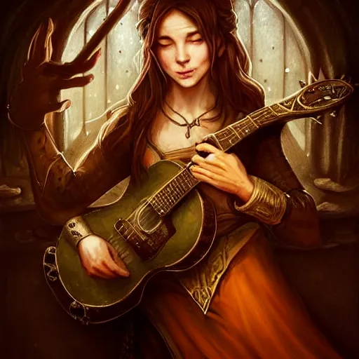 Prompt: Bard rocking out with a guitar in a medieval pub, female, fantasy, arcane glow, druidic runes, dramatic, intricate, sly smile, human face, fox ears, elegant, highly detailed, digital painting, artstation, concept art, smooth, sharp focus, illustration, octane render, art by Leesha Hannigan, Ross Tran, Thierry Doizon, Kai Carpenter, Ignacio Fernández Ríos