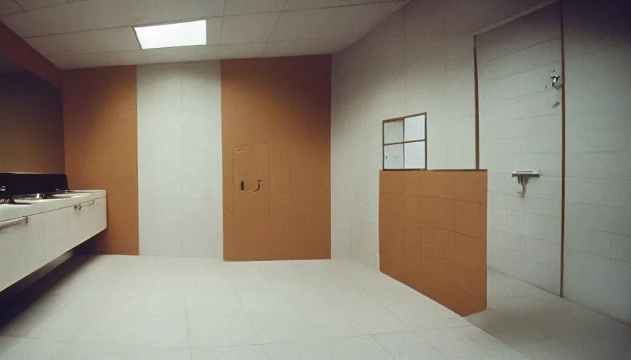 Image similar to 70s movie still of a empty very large bathroom, cinestill 800t Technicolor, heavy grain, high quality, criterion collection, liminal space style