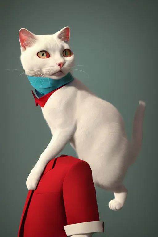 Image similar to a white cat with blue eyes wearing a red and green formal overcoat, hyperrealistic, concept art, octane render, unreal engine 5, realistic and defined face, profile picture, digital art, pixar and disney style, symmetrical, high quality, highly detailed, high coherence, path traced, house background, low contrast, beautiful