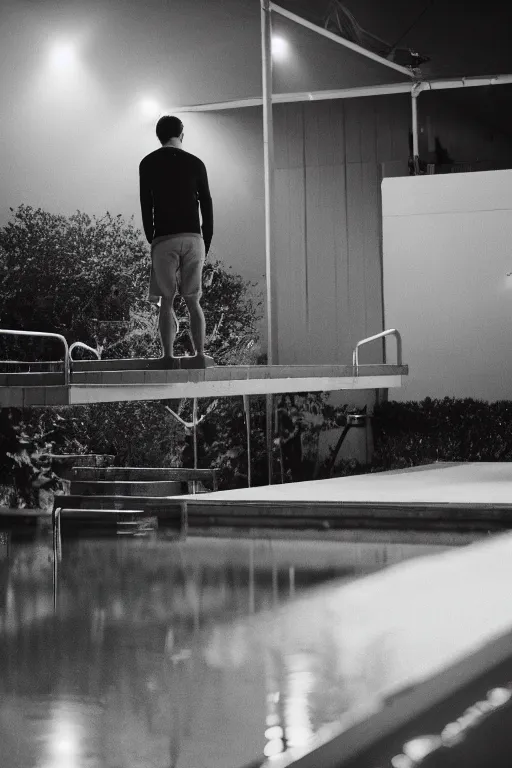 Image similar to gavin casalegno standing on the diving board, 3 5 mm, highly detailed, cinematic lighting