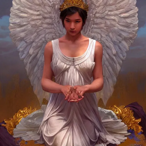 Image similar to Sitting angel girl from TLOU that holding crown in hands, highly detailed, digital painting, artstation, concept art, smooth, sharp focus, illustration, ArtStation, art by artgerm and greg rutkowski and alphonse mucha and J. C. Leyendecker and Edmund Blair Leighton and Katsuhiro Otomo and Geof Darrow and Phil hale and Ashley wood and Ilya repin and Charlie Bowate