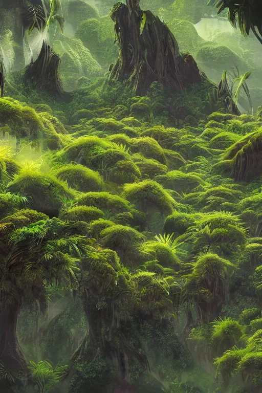 Image similar to beautiful lush green plants flowers exotic alien planet, digital painting, matte painting, small details