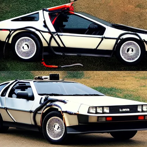 Prompt: a delorean with tiger skin viynl rap,