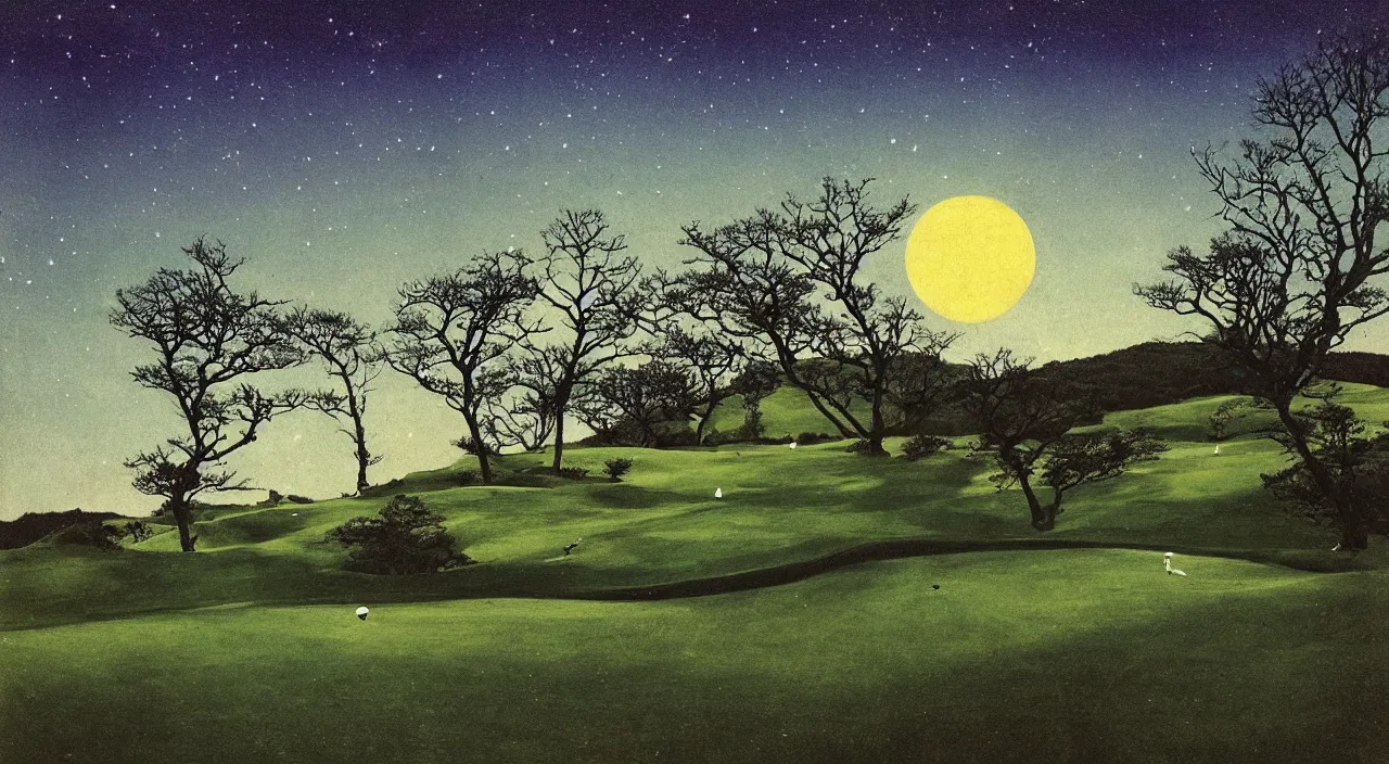 Prompt: eerie moonlight, stone walls, birds eye view of a perfect infinite elysian dreamlike green hilly pastoral astral psychedelic golf course landscape with cherished trees, stone walls under cosmic stars, cherished trees, memory trapped in eternal time, golden hour, dark sky, evening starlight, haunted vintage psychedelic painted polaroid by hiroshi yoshida
