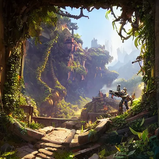 Image similar to worm's eye view of overwatch headquarters carved inside a mountain above a lush garden, neatly trimmed vegetation, magical, natural light, fantasy, sharp focus, concept art, by greg rutkowski and craig mullins, cozy atmospheric