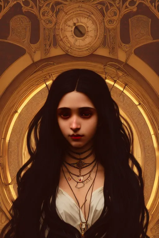 Prompt: 3 / 4 portrait, vampire, brown skin, night, long black hair, beautiful, victorian salon as the background, jewelry, alphonse mucha, william bouguereau, rossdraws, greg rutkowski, super detailed, realistic, octane render, volumetric, cinematic, 8 k