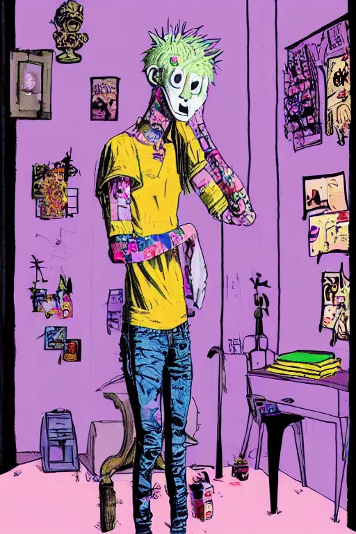 Prompt: a skinny goth guy standing in a cluttered 9 0 s bedroom by jamie hewlett, back view, jamie hewlett art, full body character concept art, vaporwave colors,