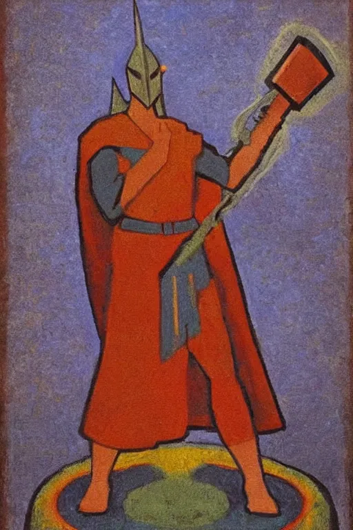 Image similar to thor with hammer, marvel, artwork by nicholas roerich,