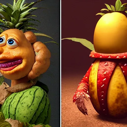 Image similar to giuseppe arcimboldo, potato head, fruit monster, unreal engine, new scifi movie