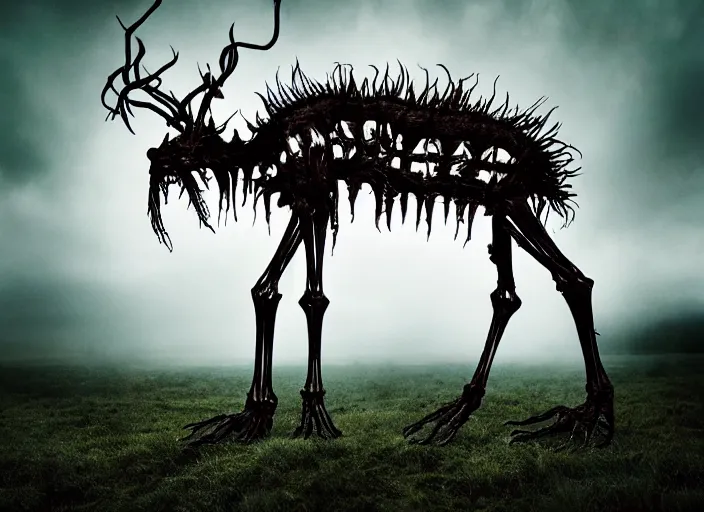 Image similar to an incredibly scary and very very unique monster creature with animal, treelike and skeletal characteristics, symmetry, ancient folk legend in a meadow, extremely creative, detailed, gloomy, flash, lens flare, 1 8 mm lens, digital medium format professional photography