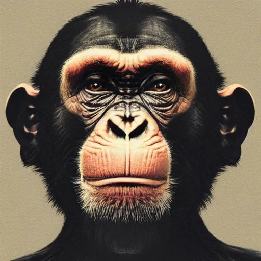 Image similar to a high detail portrait of a chimp wearing a suit 👔,and smoking🚬