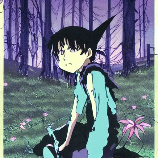 Image similar to an anime film vhs cover for a film by miyazaki of studio ghibli and tim burton, of a pastel goth vampire bat woman learning how to live in an empty cottage by herself in the middle of the woods, old vintage vhs, scan lines, grainy quality, real anime, fairies