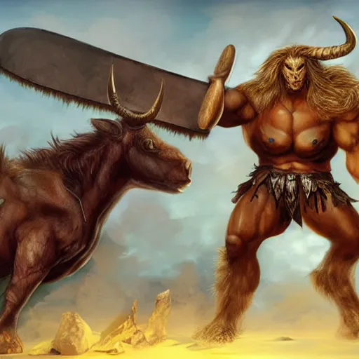 Image similar to Giant minotaur beast warrior with two handed axe, impressive horns, long mane, full body, muscular, dungeons and dragons, hyperrealism, high details, digital painting