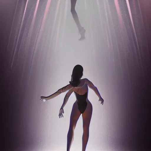 Prompt: highly detailed digital image of a futuristic woman dancing gracefully in a dim underground night club by Andrea Chiampo, artstation and Frederik Heyman, extremely detailed woman, stunning volumetric lighting, hyper realism, fantasy 4k
