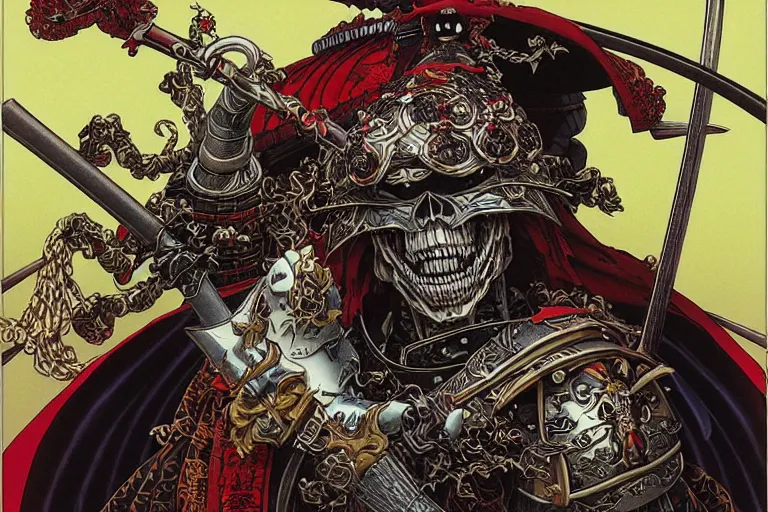 Image similar to portrait of a crazy skeletor samurai with japanese armor and helmet, by yoichi hatakenaka, masamune shirow, josan gonzales and dan mumford, ayami kojima, takato yamamoto, barclay shaw, karol bak, yukito kishiro