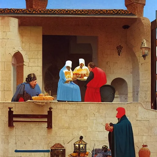 Image similar to ' a medieval turkish nobleman takes breakfast at his coastal manor with his family '. matte painting by angus mcbride, digital matte painting with high fidelity realistic textures and figures.