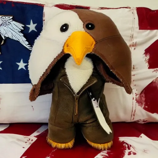 Image similar to a bald eagle wearing a leather jacket as a plush toy