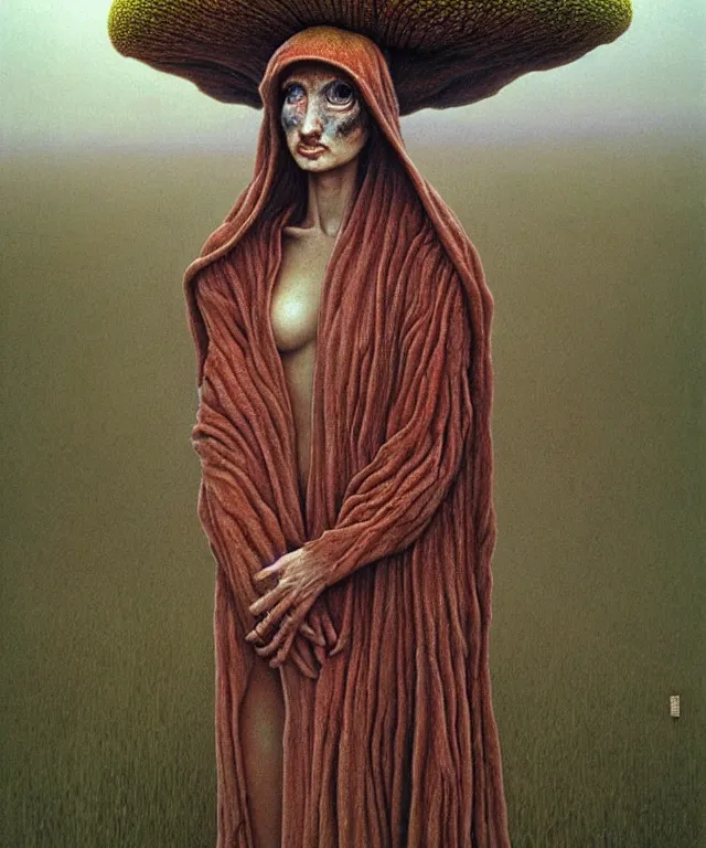 Prompt: A detailed funguswoman stands among the mushroom hills. Wearing a ripped mantle, robe. Perfect faces, extremely high details, realistic, fantasy art, solo, masterpiece, art by Pauline Baynes, Zdzisław Beksiński