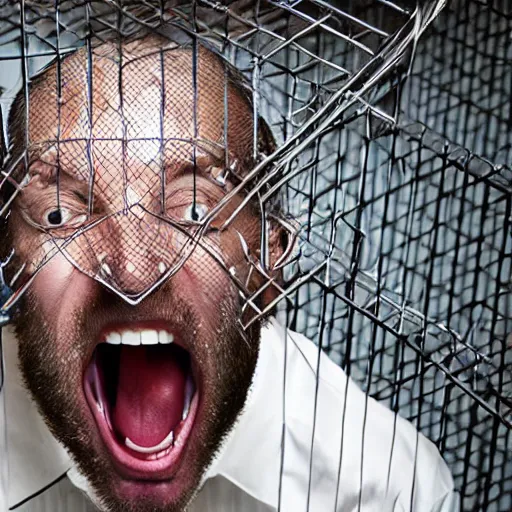 Prompt: a screaming man stuck inside a cage made of tedious paperwork