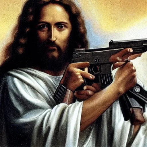 Image similar to jesus christ holding 2 guns