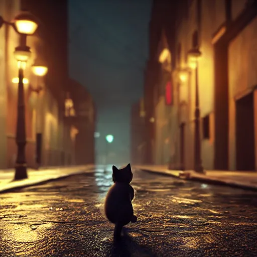 Image similar to kitten walks the empty street in a rainy day, led lights around the place, digital painting, ultra detailed, unreal engine 5,