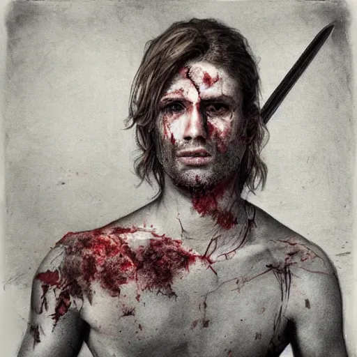 Image similar to self portrait, handsome man with battle scar on his chest holding his sword on his shoulder, pencil art, detailed, handsome, colored, bloody